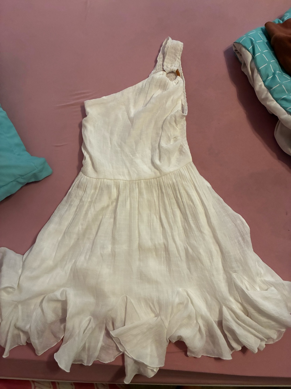 Aakaa Cream Short one shoulder Linen Blend casual or fancy Dress